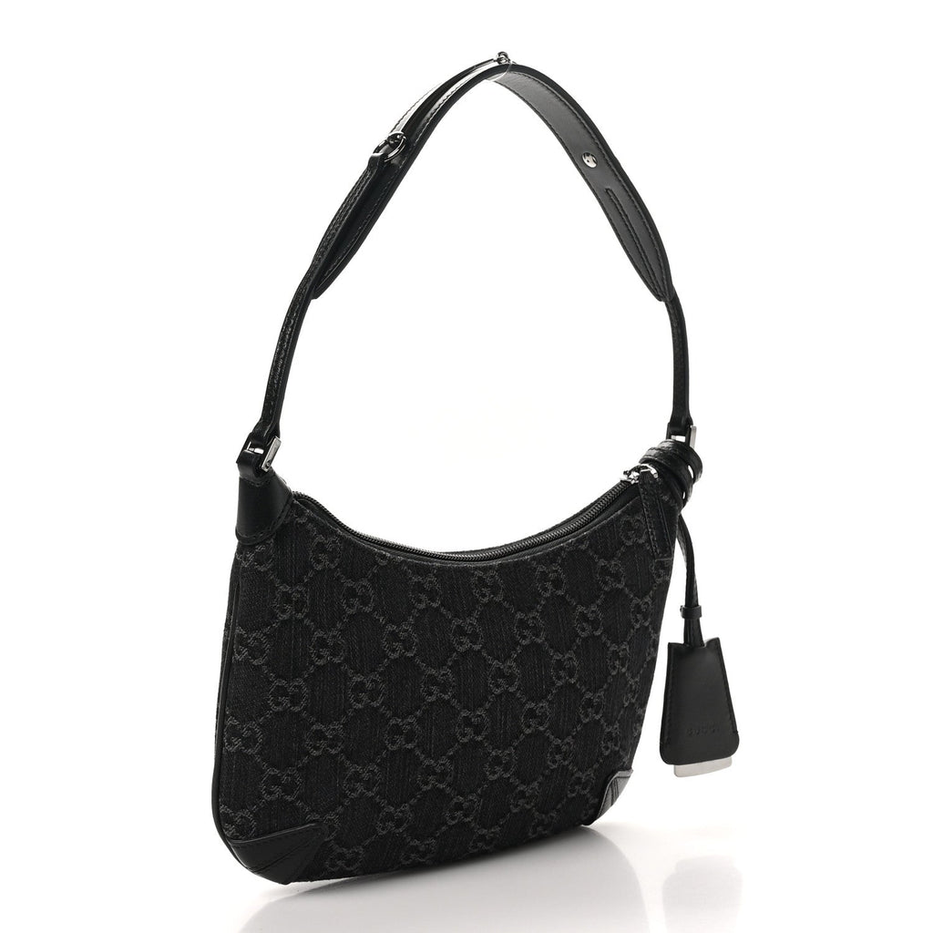 Jacquard Black Denim GG Monogram Horsebit Slim Small Shoulder Bag Black Grey