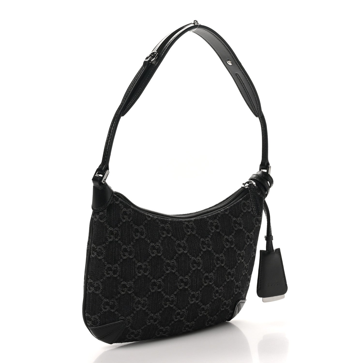 Jacquard Black Denim GG Monogram Horsebit Slim Small Shoulder Bag Black Grey