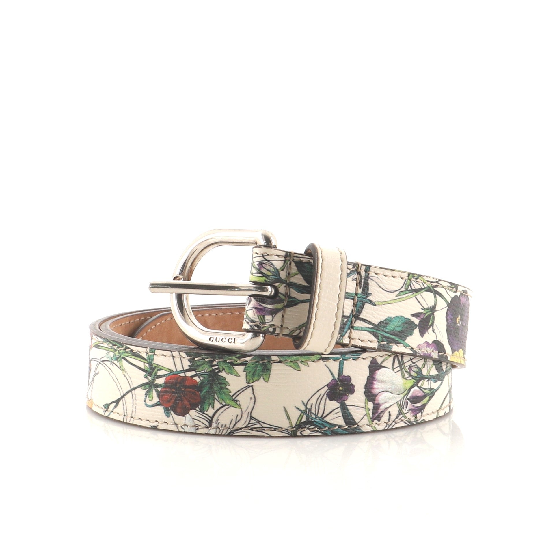 Buckle Belt Floral Printed Leather Thin 85