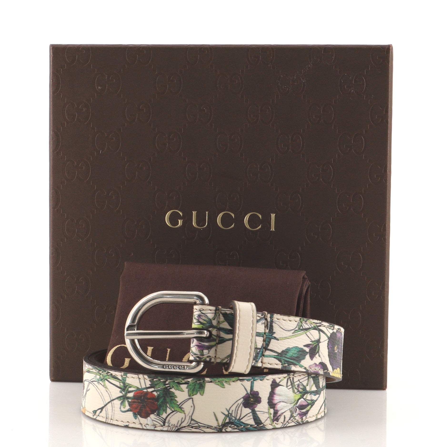 Buckle Belt Floral Printed Leather Thin 85