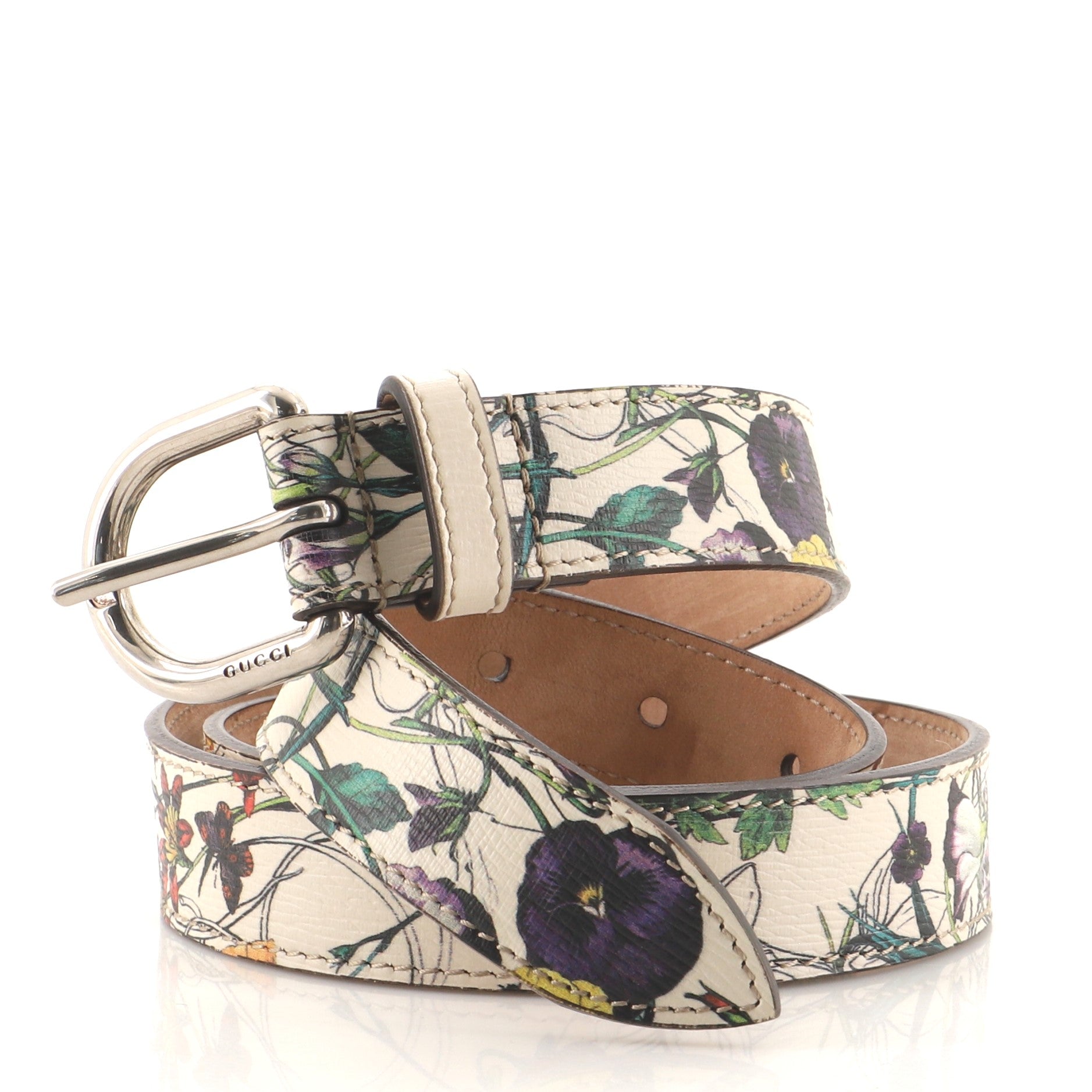 Buckle Belt Floral Printed Leather Thin 85