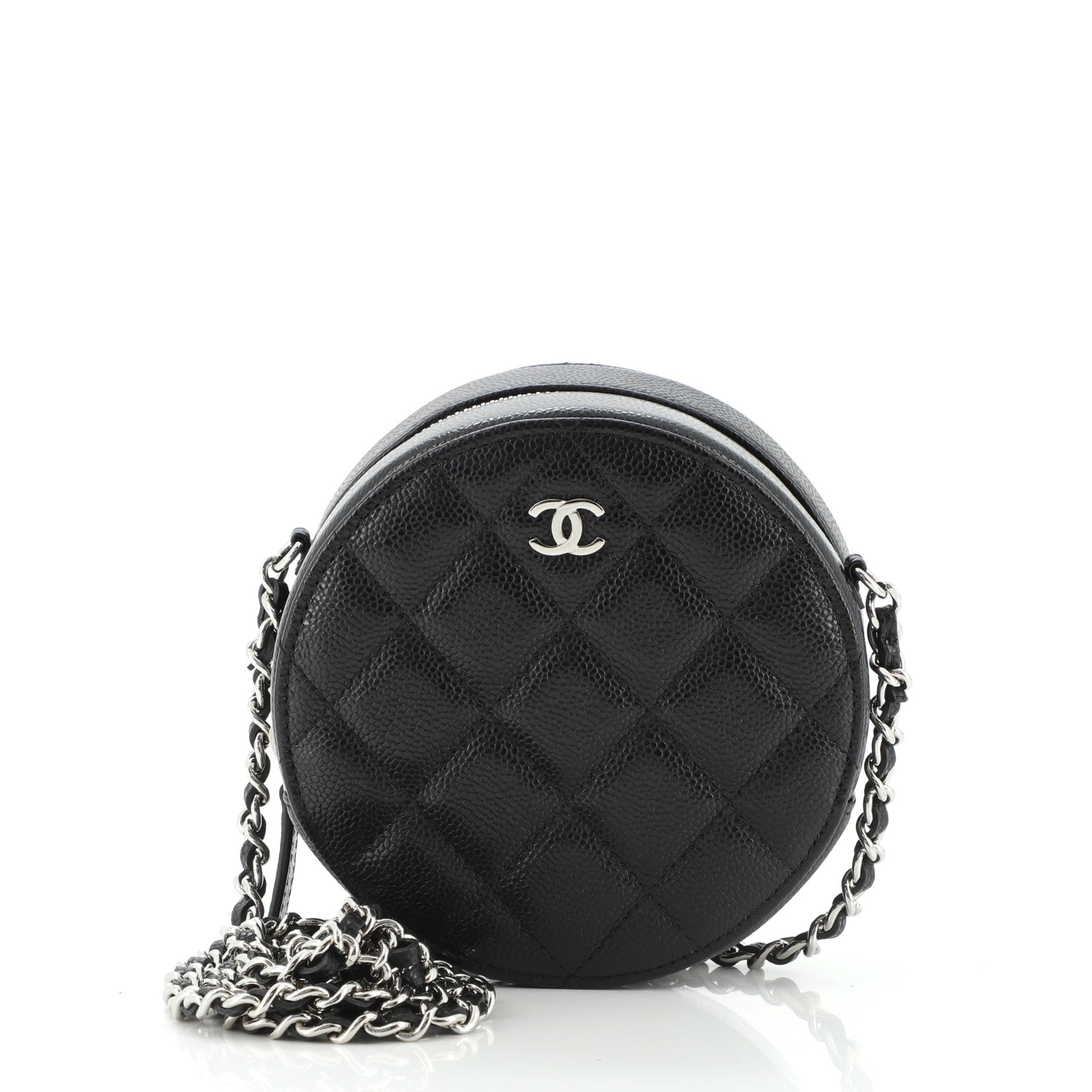 Round Clutch with Chain Quilted Caviar Mini
