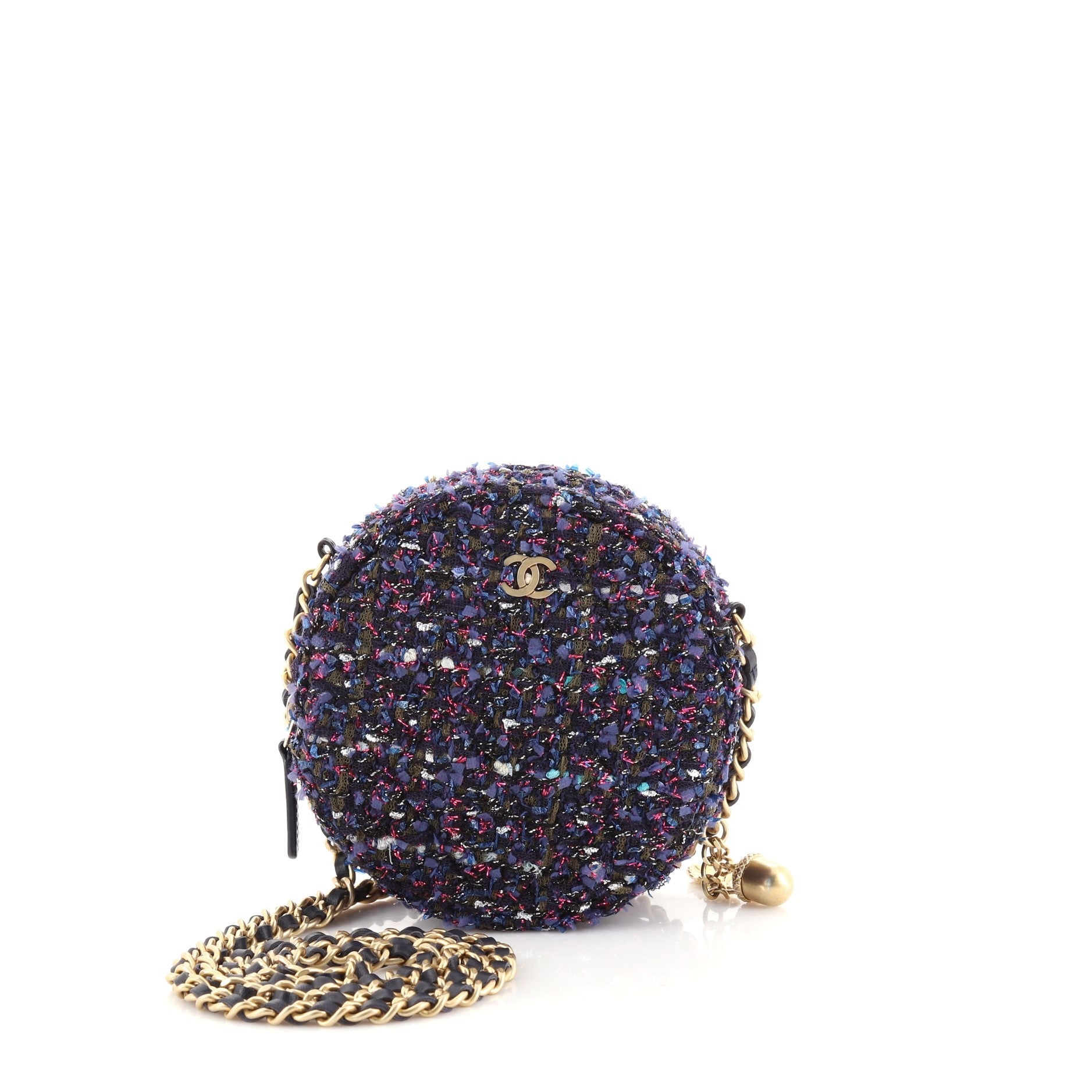 Charm Round Clutch with Chain Quilted Tweed