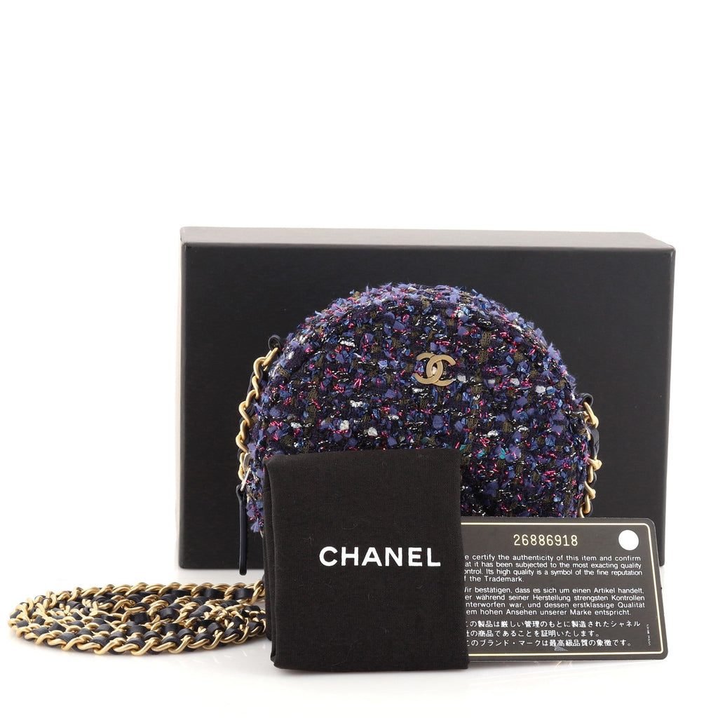 Charm Round Clutch with Chain Quilted Tweed