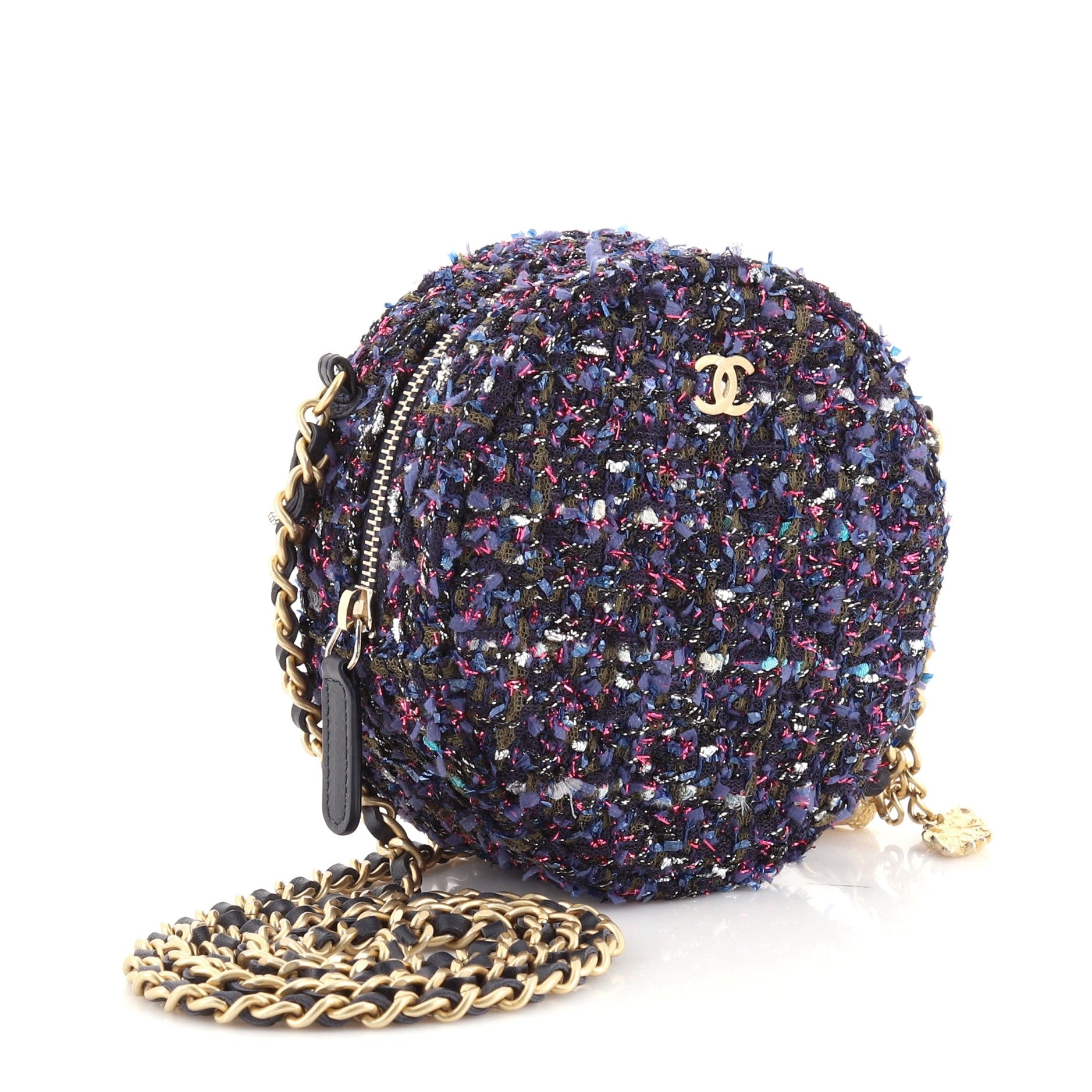 Charm Round Clutch with Chain Quilted Tweed
