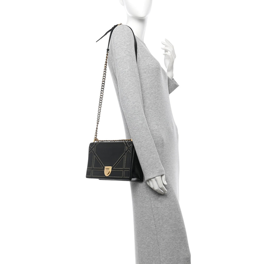Lambskin Studded Medium Diorama Flap Bag Black
