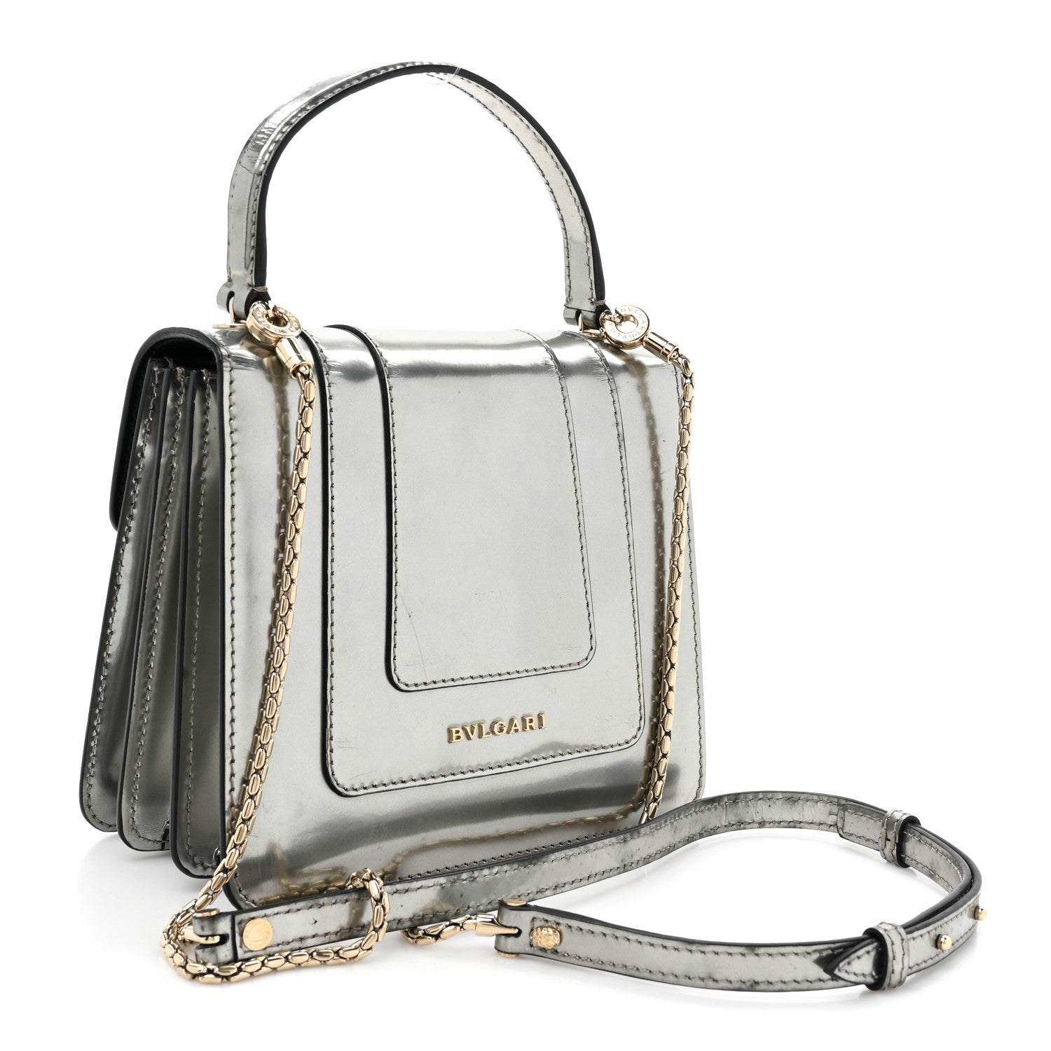 Metallic Calfskin Serpenti Forever Top Handle Silver