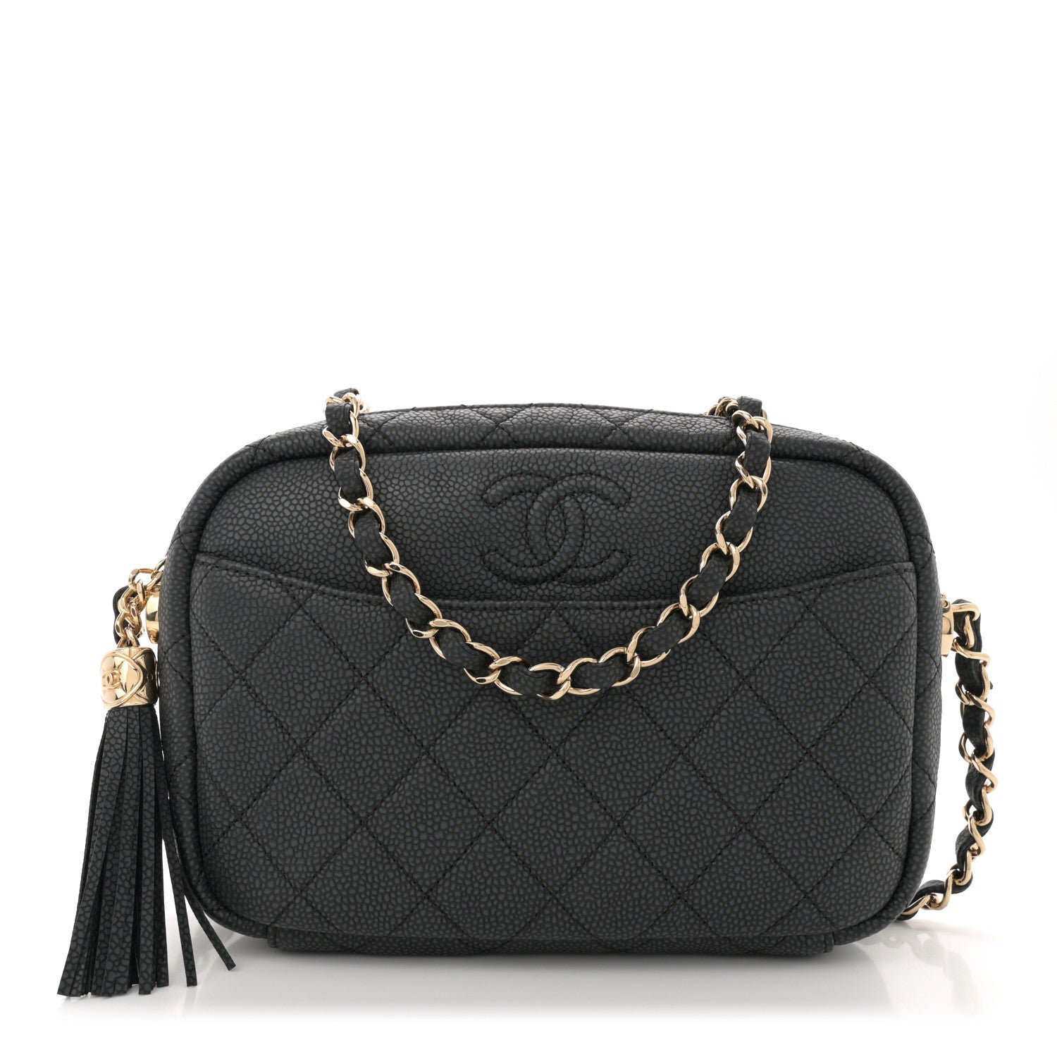 Iridescent Caviar Quilted Small Coco Tassel Camera Case Black