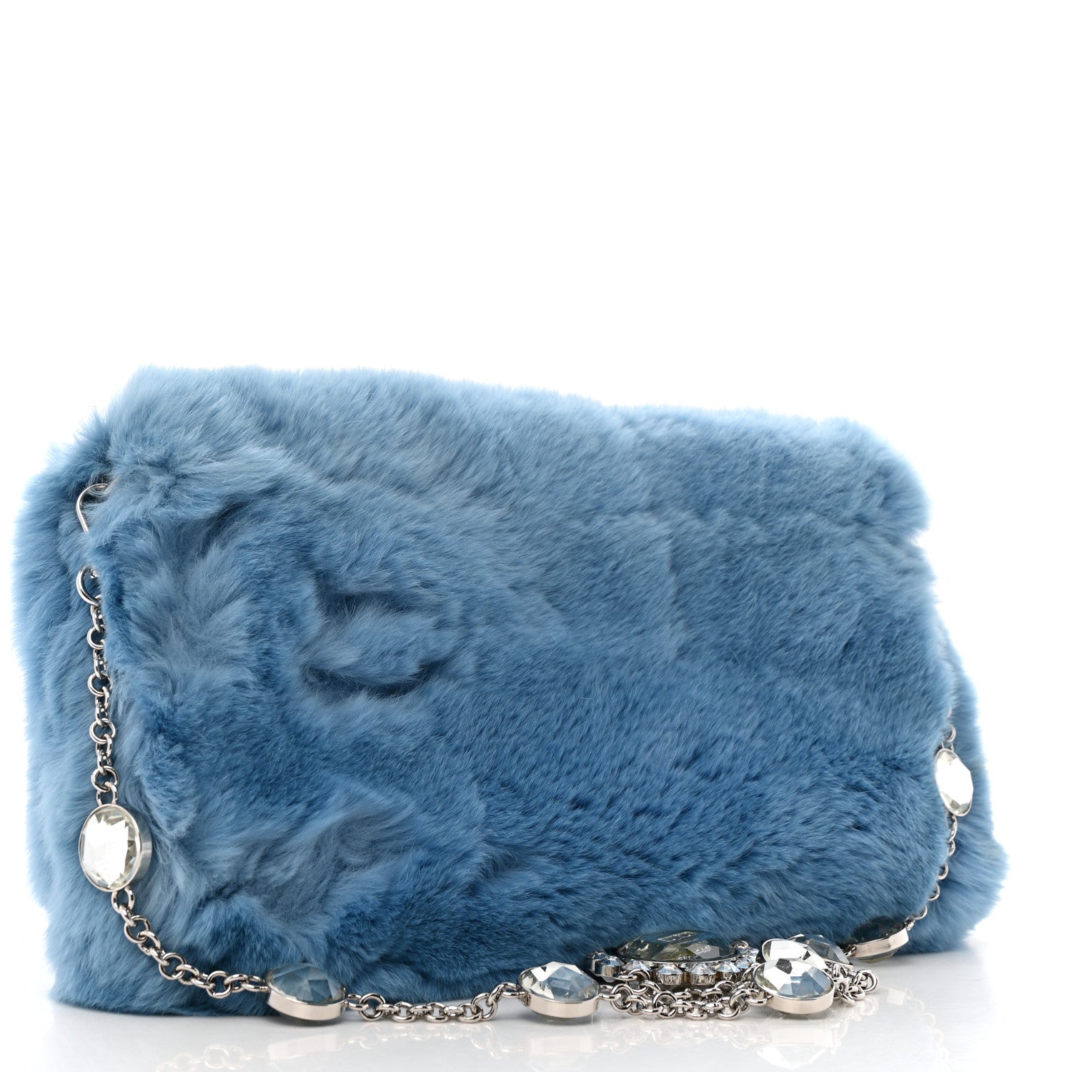 Rabbit Fur Crystal Flap Clutch Blue