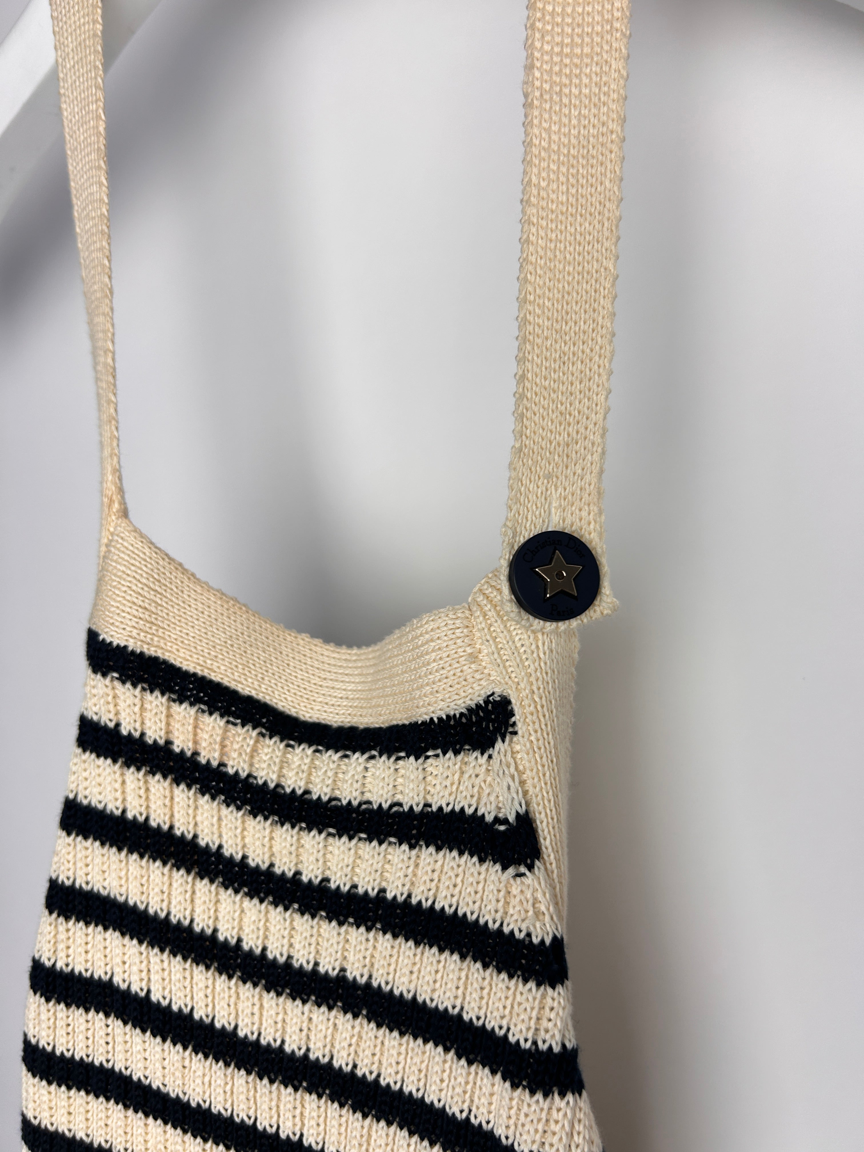 Christian Dior Ecru & Navy Striped Knit Halter Neck Top With Button Detail Size FR 36 (UK 8)