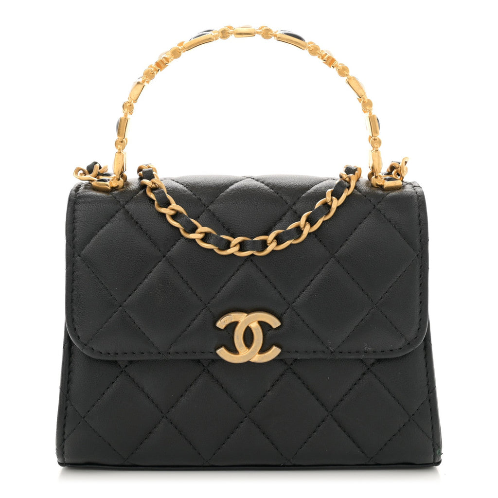 Lambskin Enamel Quilted Top Handle Flap With Chain Black