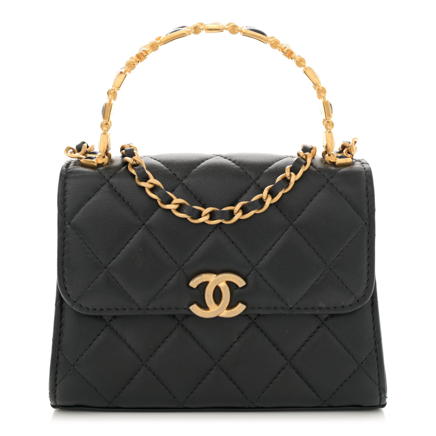 Lambskin Enamel Quilted Top Handle Flap With Chain Black