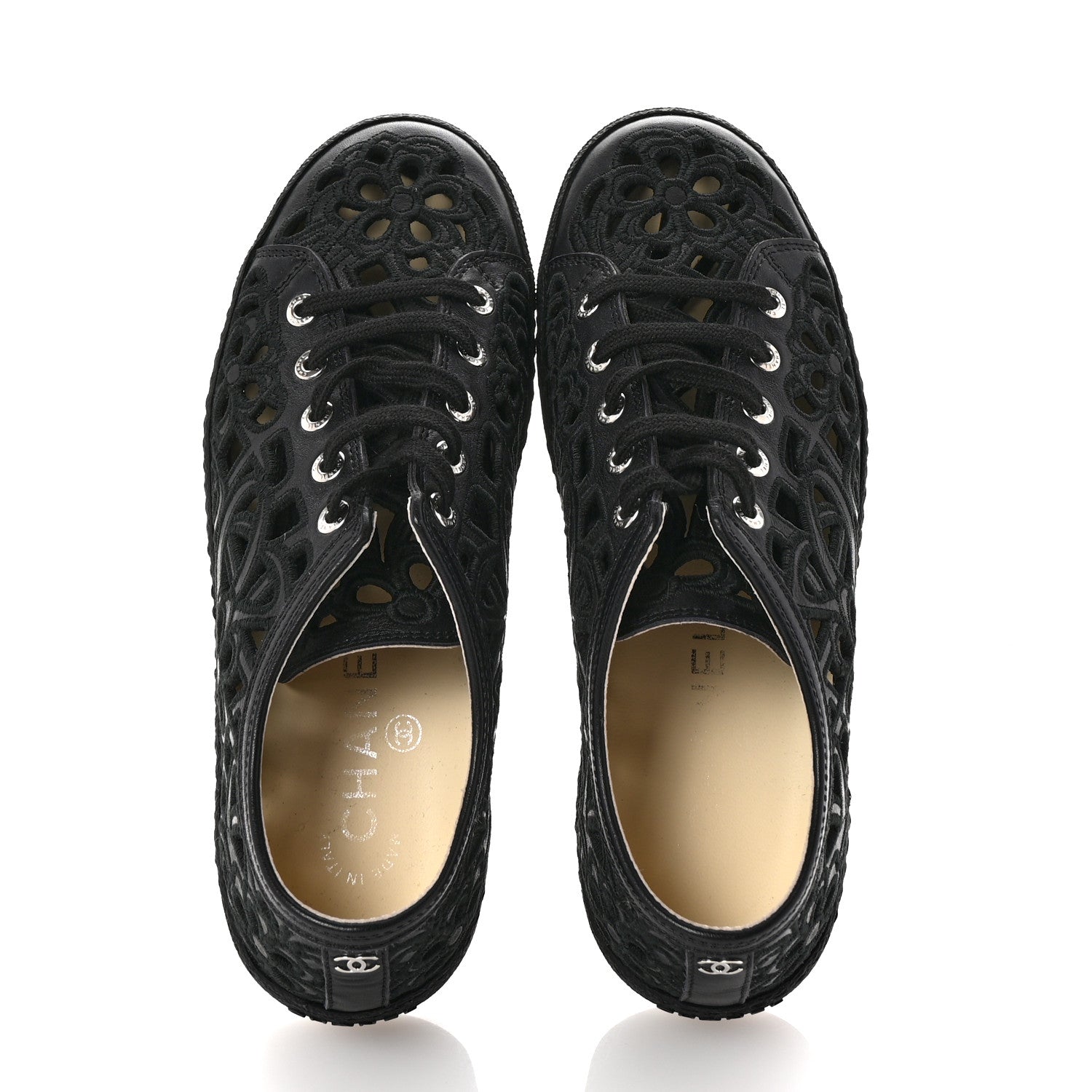 Calfskin Hollow Out Flower Sneakers 36 Black