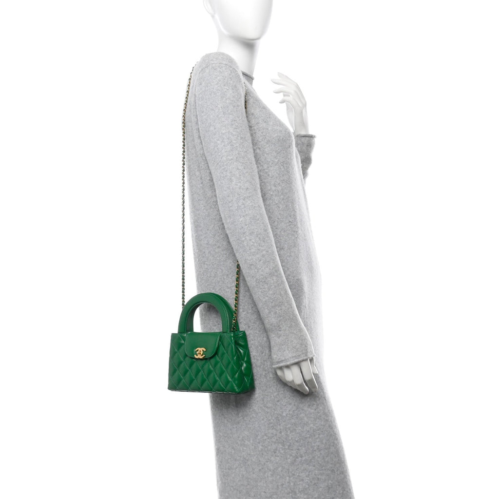 Shiny Aged Calfskin Quilted Nano Kelly Shopper Green
