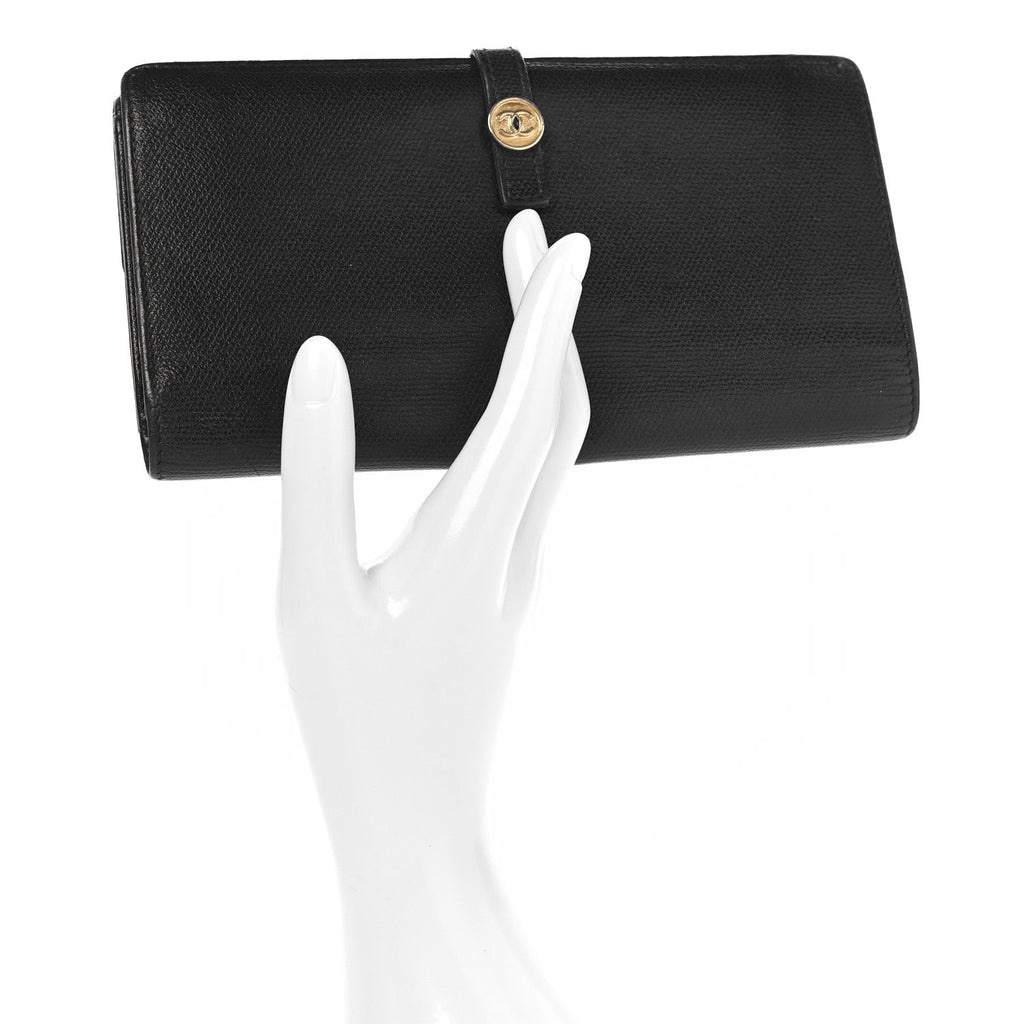 Grained Calfskin CC Button Long Wallet Black