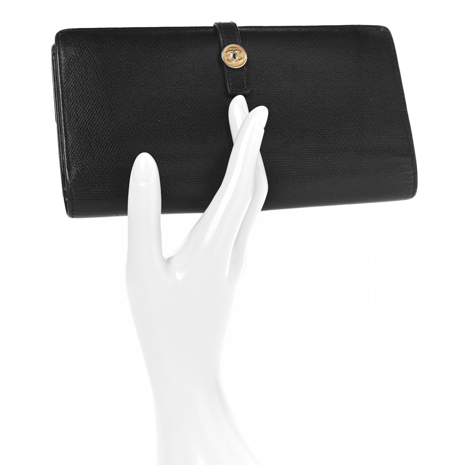 Grained Calfskin CC Button Long Wallet Black