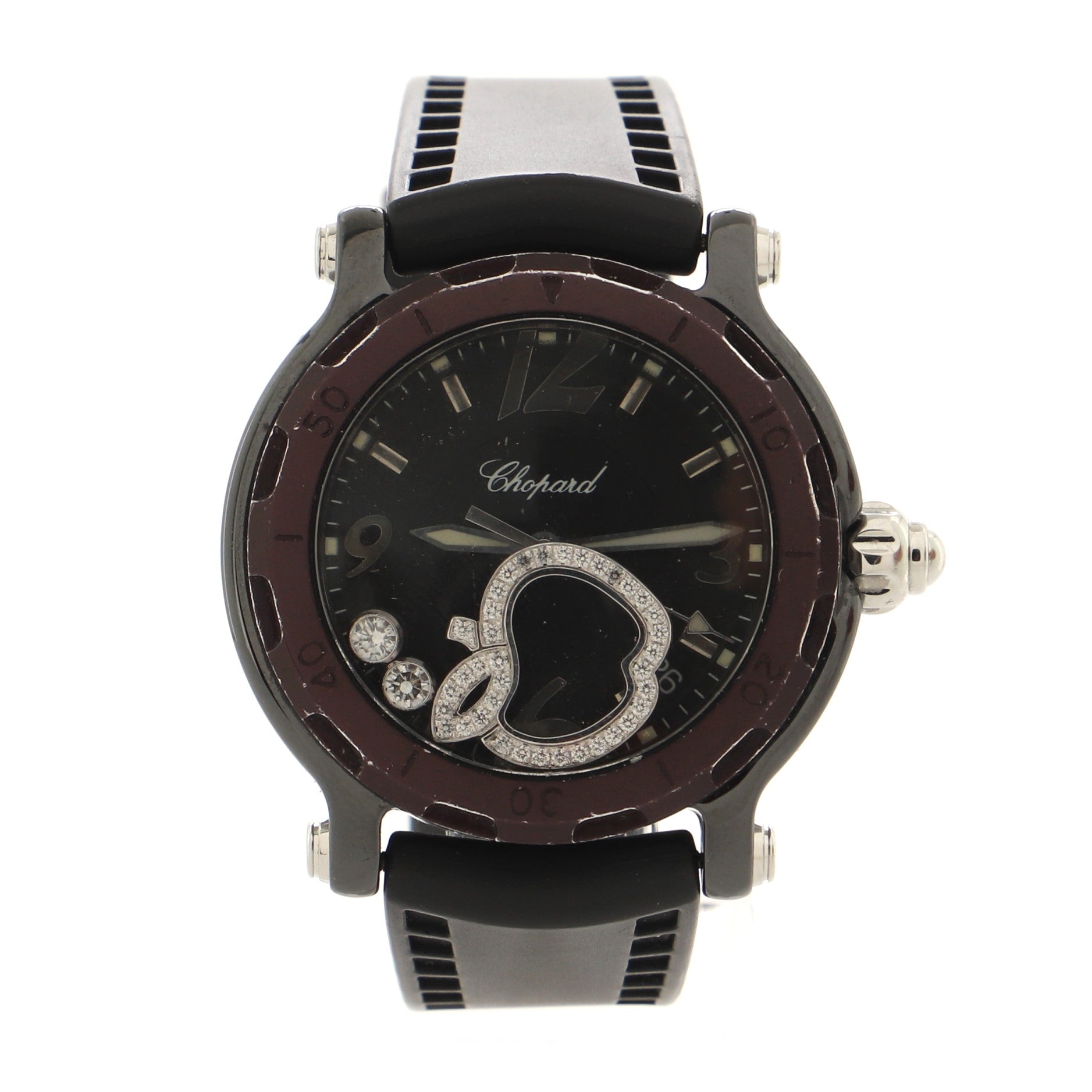 Happy Sport Apple Round Quartz Watch Ceramic and Rubber with Floating Diamonds 38