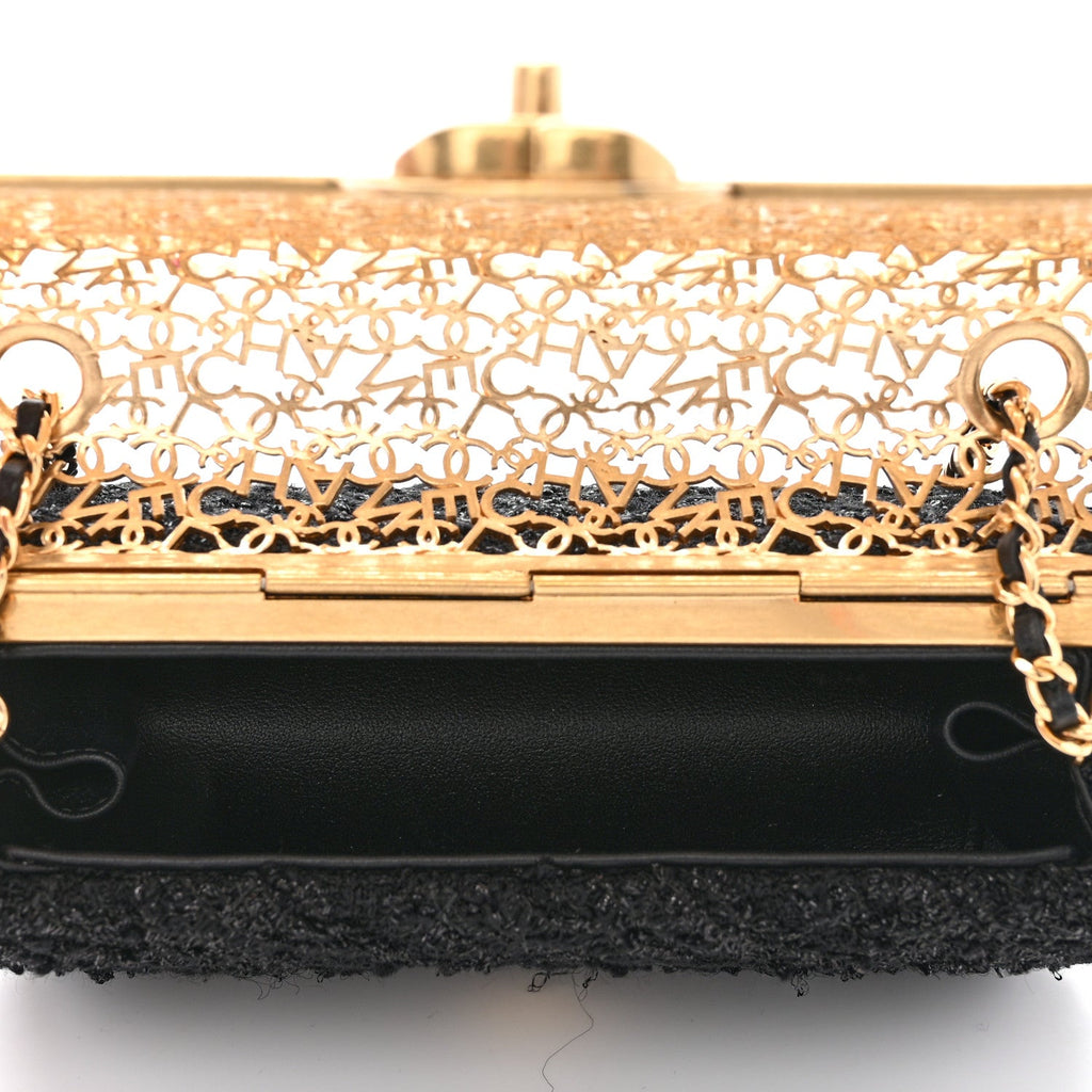 Metal Tweed Logo CC Minaudiere Flap Bag Black Gold