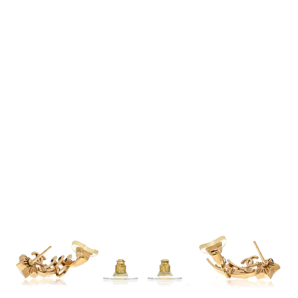 Metal Crystal Pearl CC Star Fall Earrings Gold Pearly White