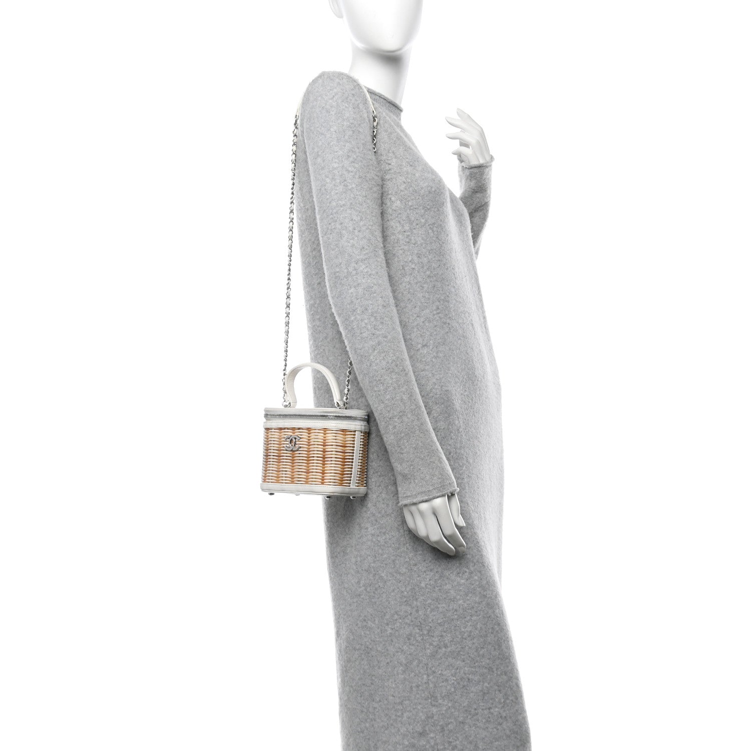 Calfskin Raffia Small Vanity Case Bag White Beige