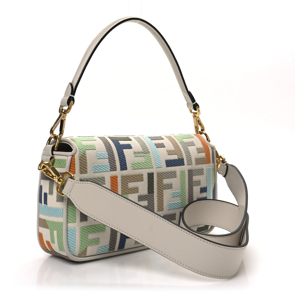 Canvas Vitello Seta FF Multicolor Embroidered Baguette Grezzo Multicolor Latte