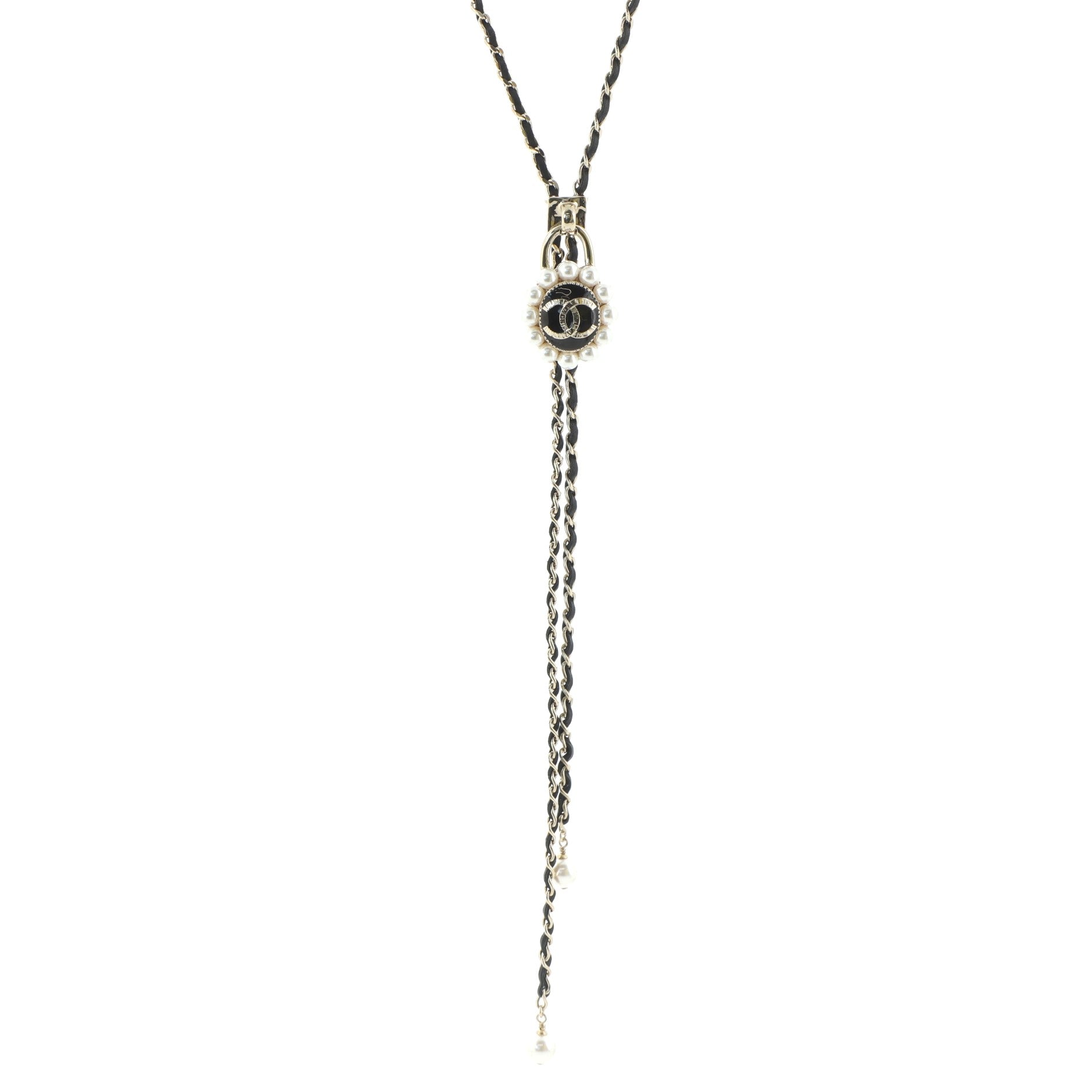 CC Dangling Chain Necklace Metal with Leather and Faux Pearls
