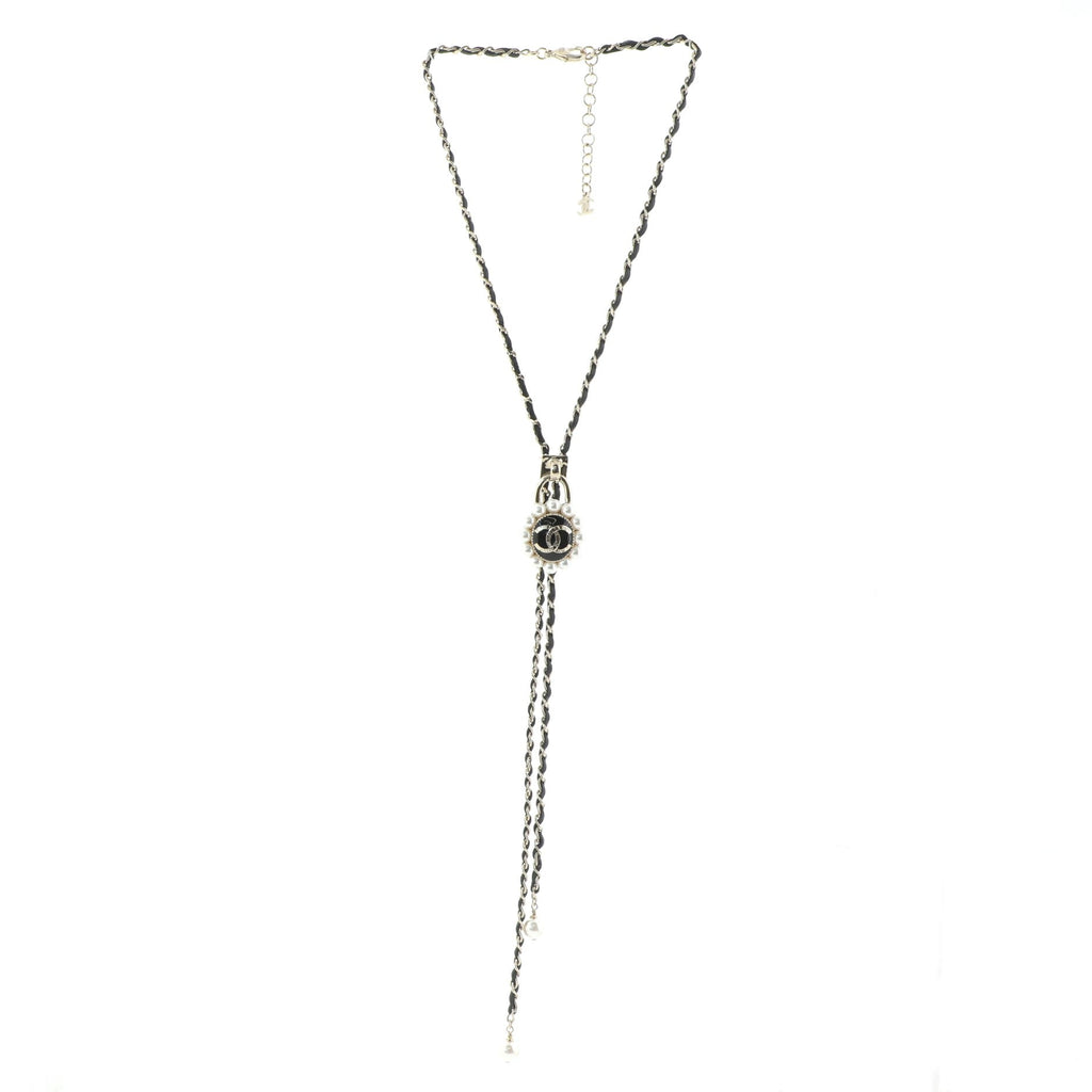 CC Dangling Chain Necklace Metal with Leather and Faux Pearls