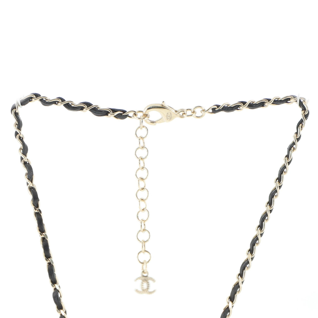 CC Dangling Chain Necklace Metal with Leather and Faux Pearls