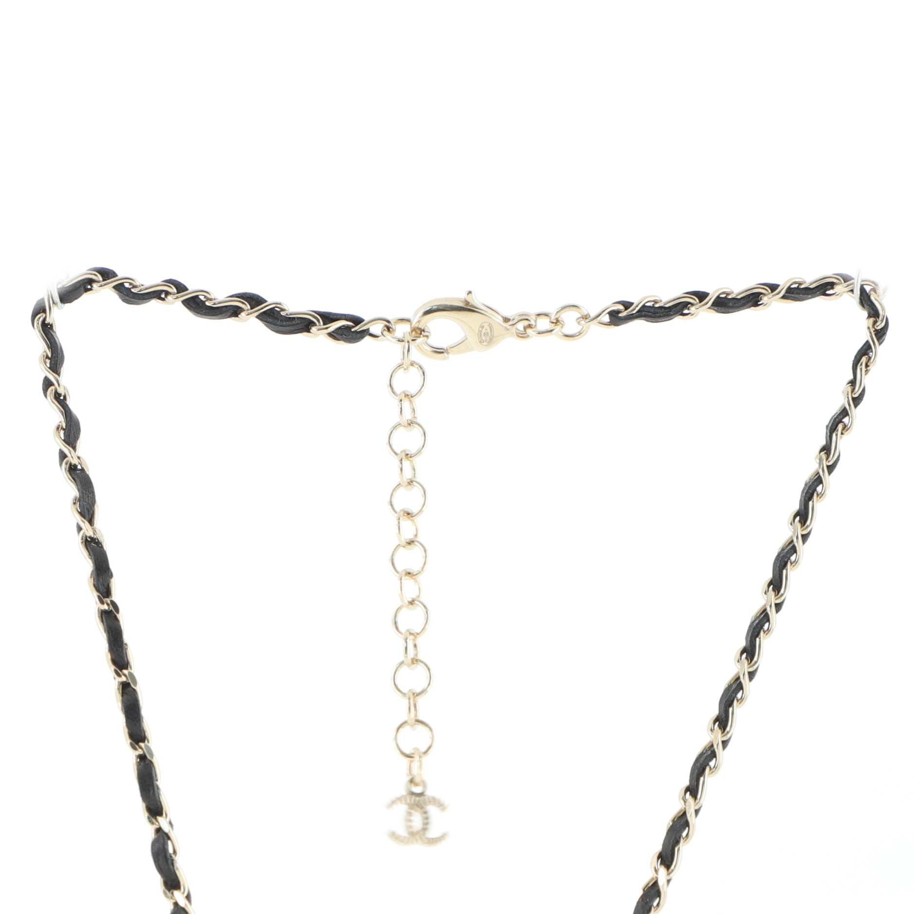 CC Dangling Chain Necklace Metal with Leather and Faux Pearls