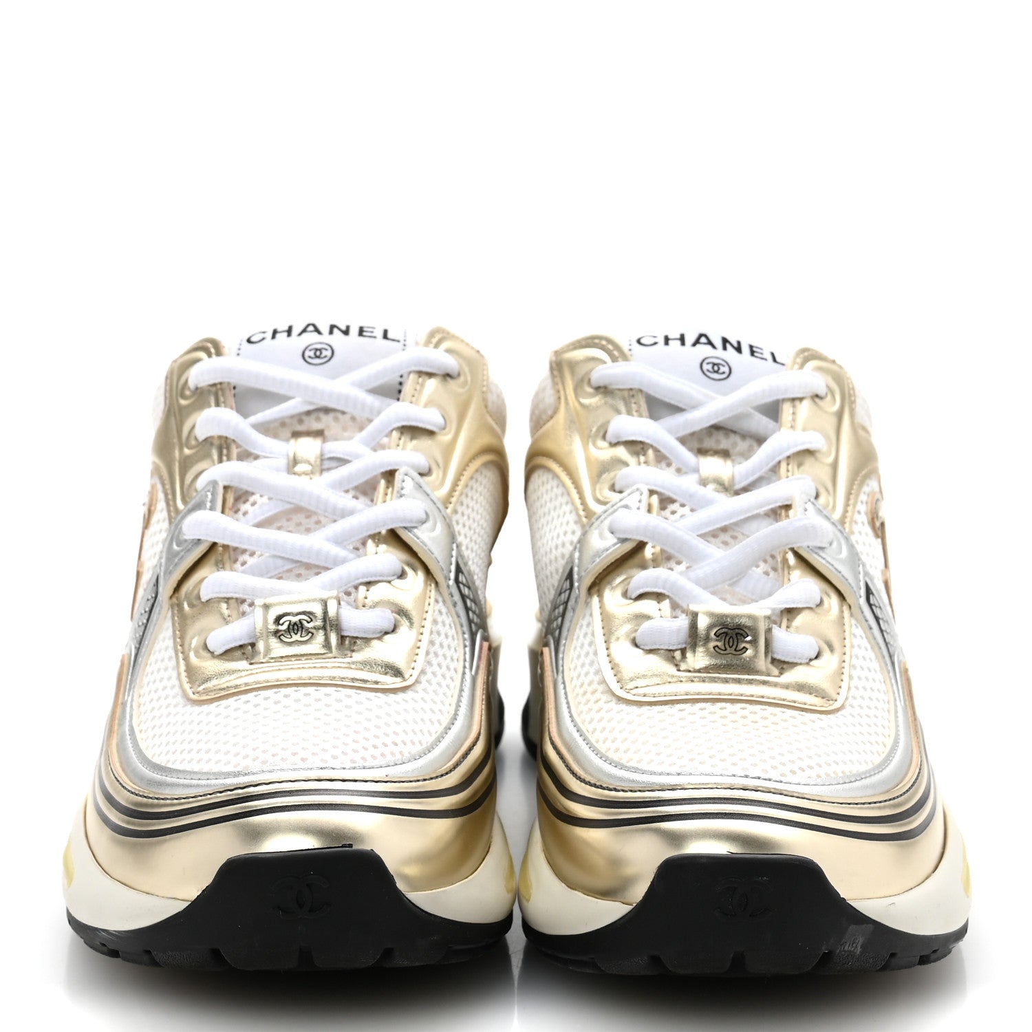 Fabric Laminated Calfskin Stretch CC Sneakers 38 White Gold Silver