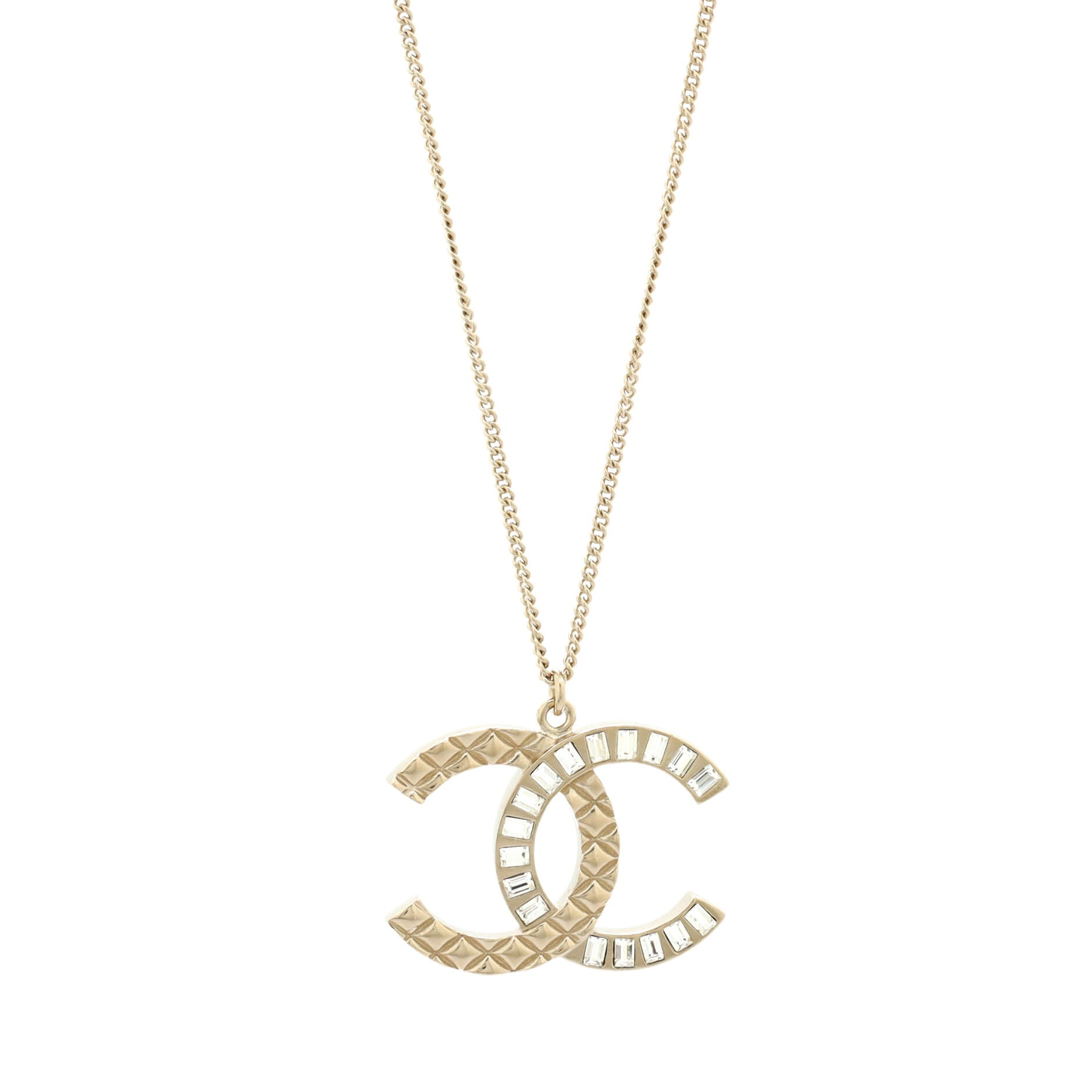 Baguette Quilted CC Pendant Necklace Metal with Crystals