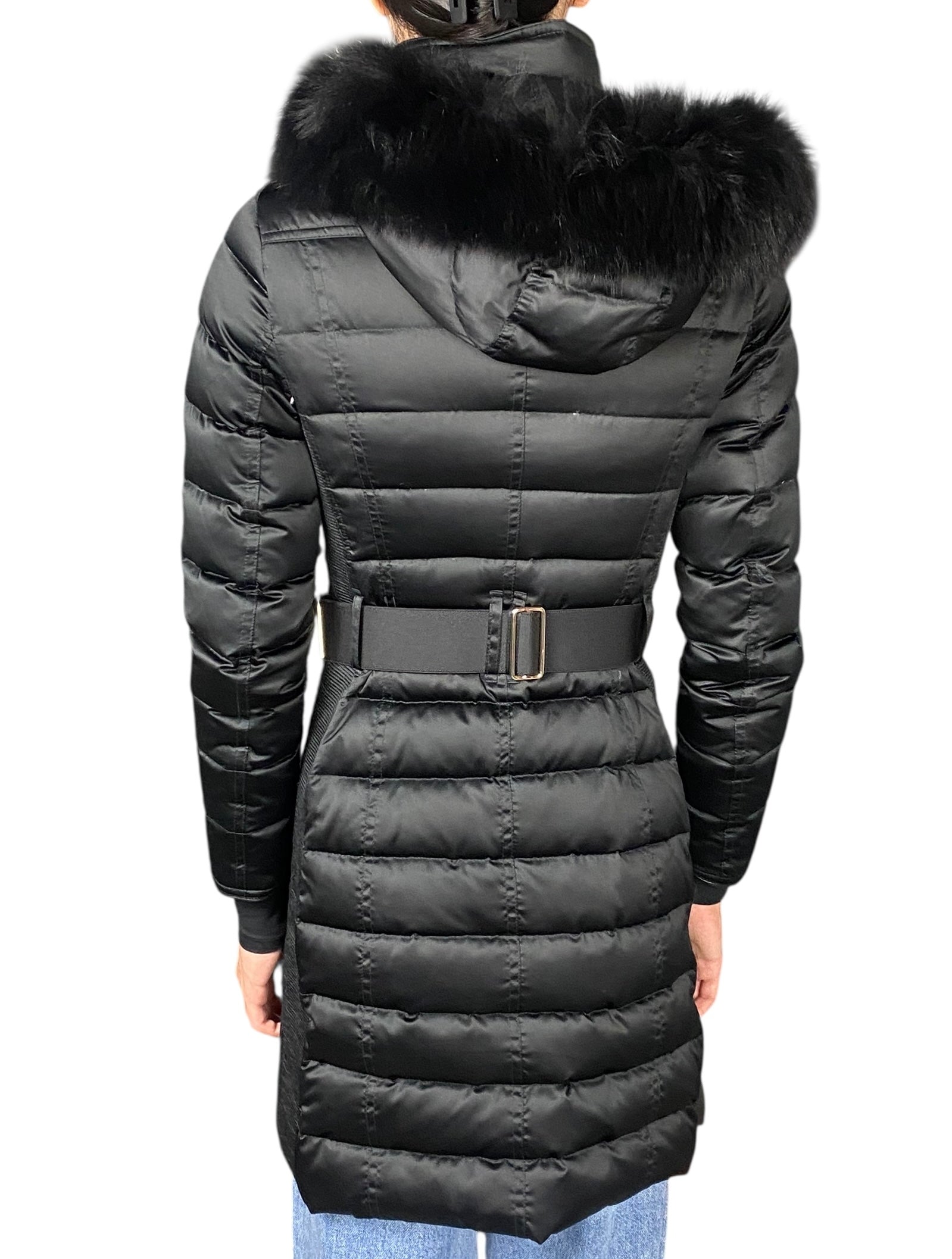 Burberry Black Down Fox Fur Hooded Long Puffer - US 2