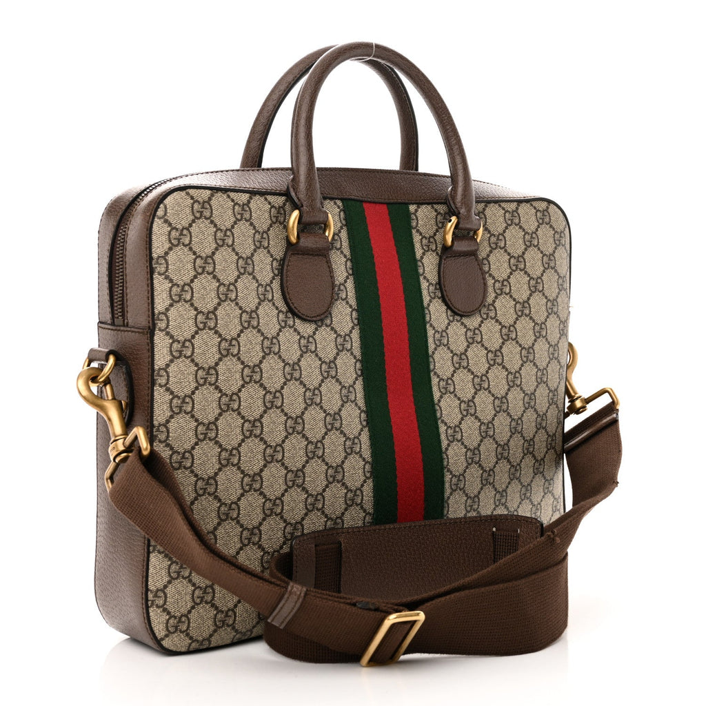 GG Supreme Monogram Textured Calfskin Web Medium Ophidia Briefcase Beige Ebony New Acero