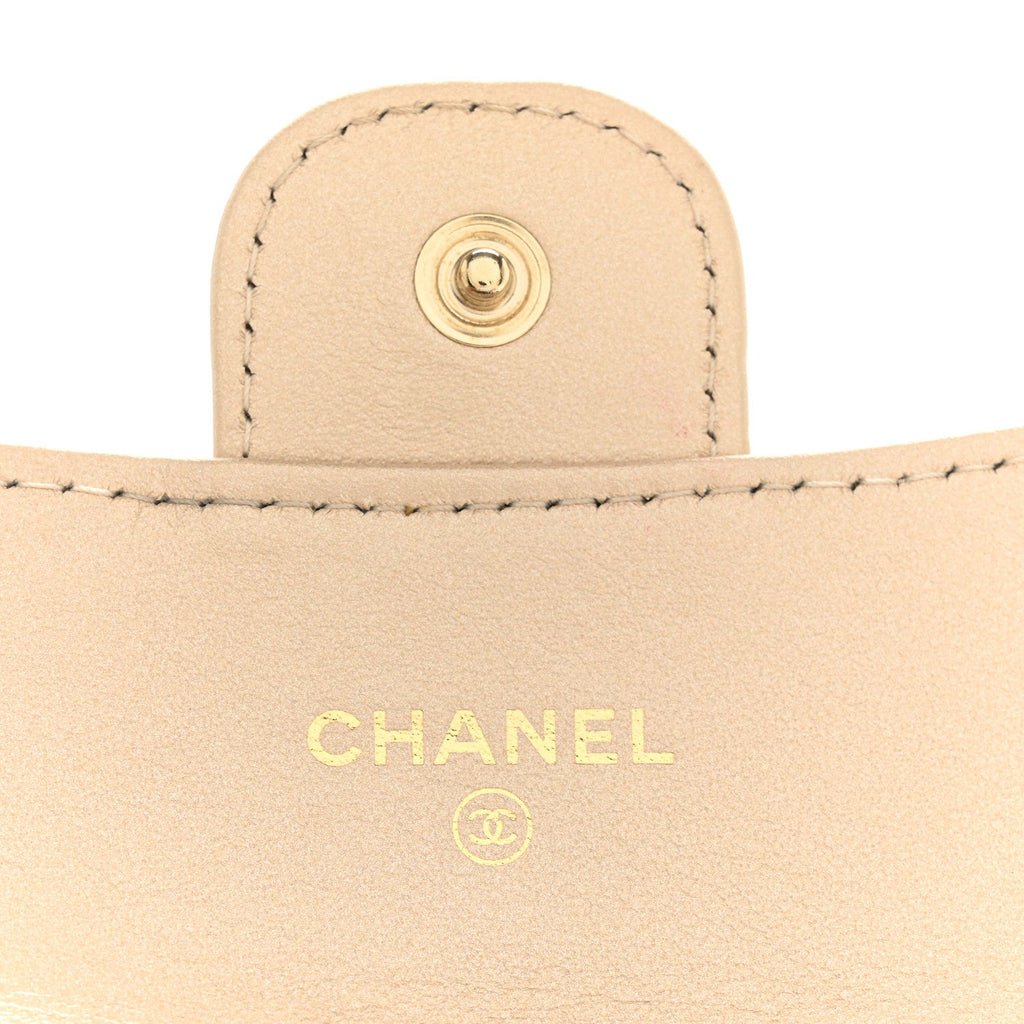 Metallic Lambskin Quilted Flap  Holder On Chain Gold