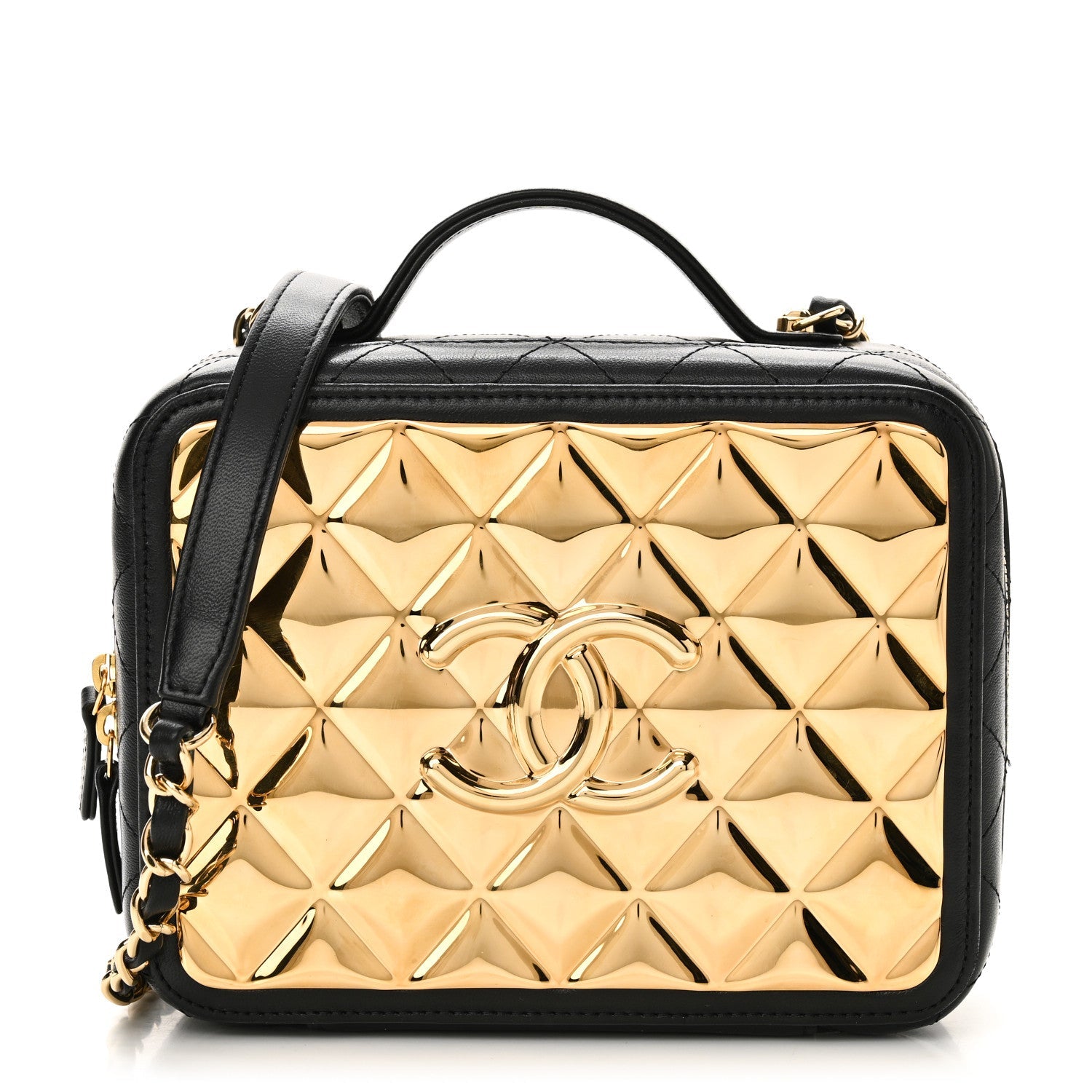 Lambskin Metal Quilted Golden Plate Vanity Case Black Golden Plate Vanity Case Black Gold