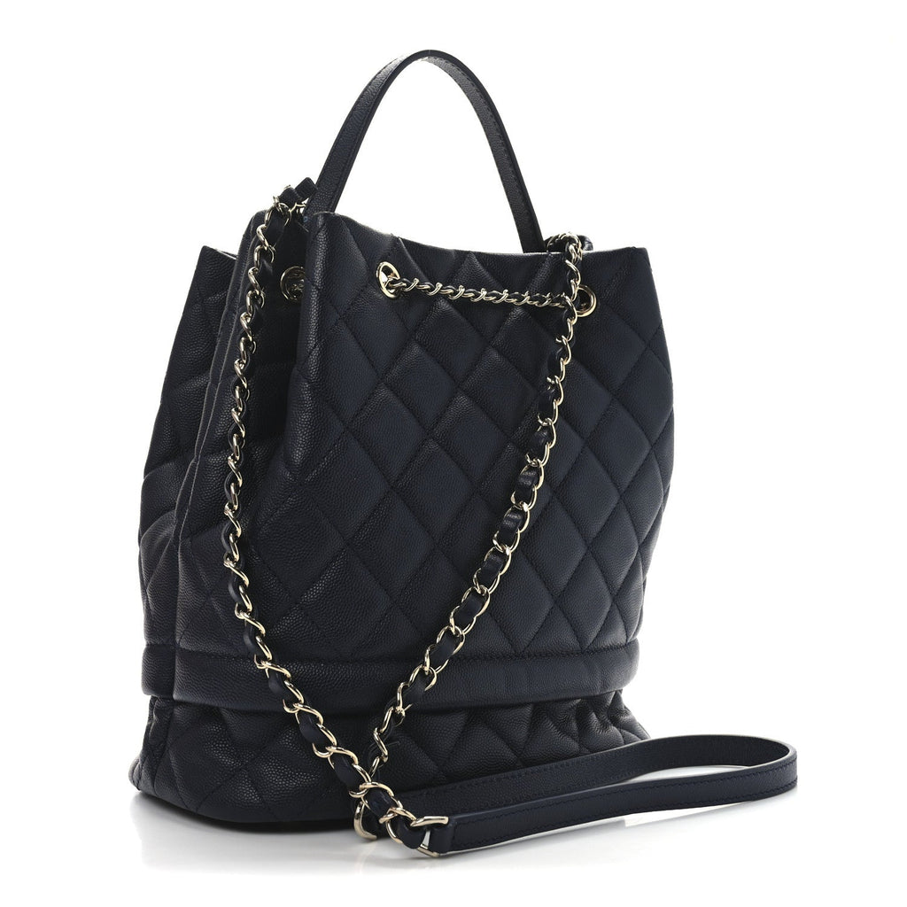 Caviar Quilted Large Rolled Up Bucket Drawstring Bag Navy