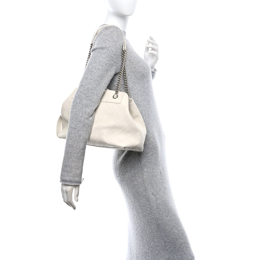 Calfskin Stitched Small Urban Shopping Tote White