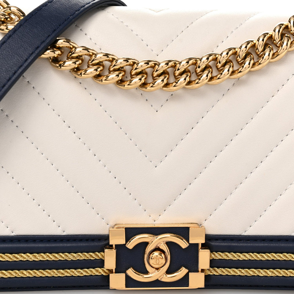Calfskin Chevron Quilted Braided Medium Boy Flap White Navy