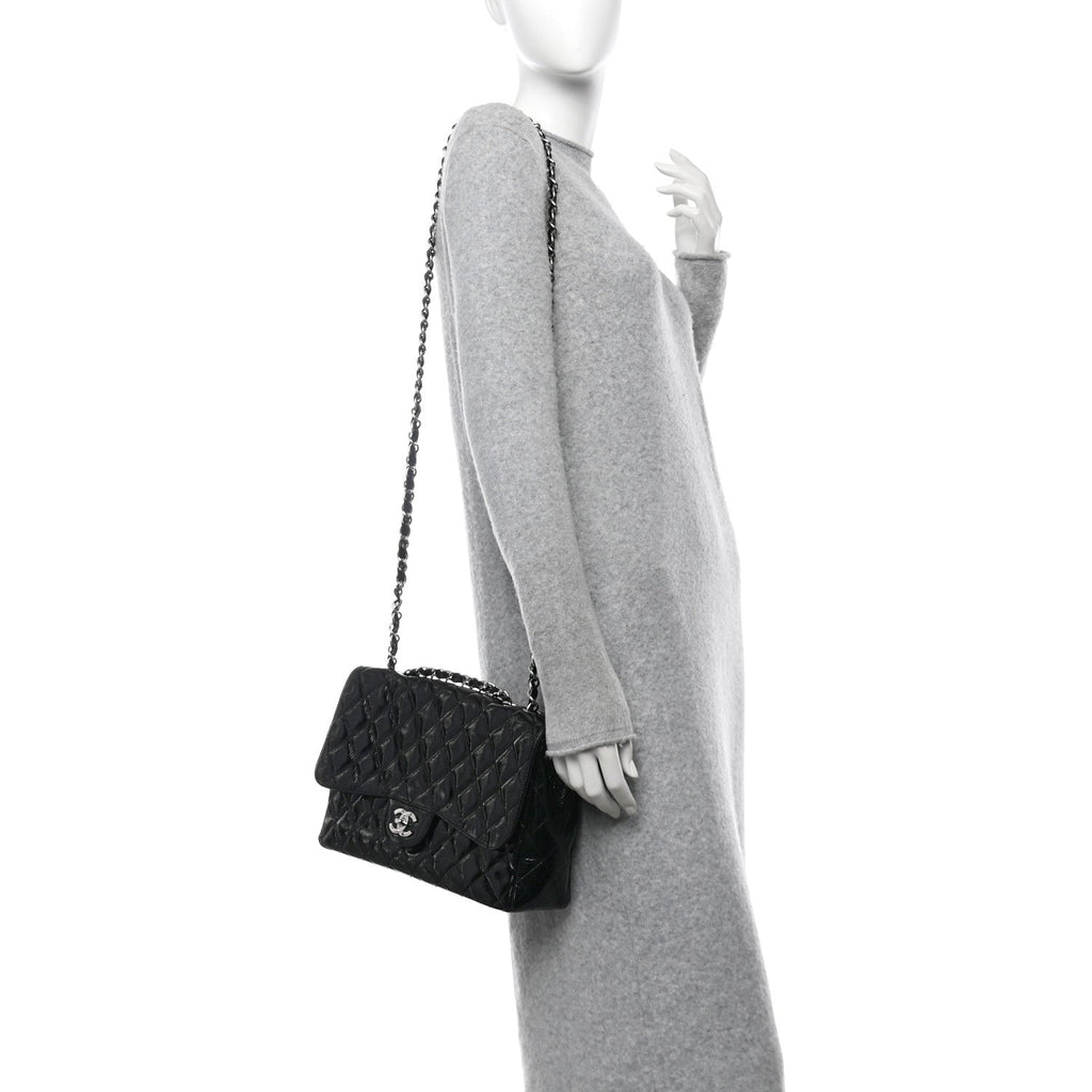 Crinkled Patent Quilted Jumbo Single Flap Black