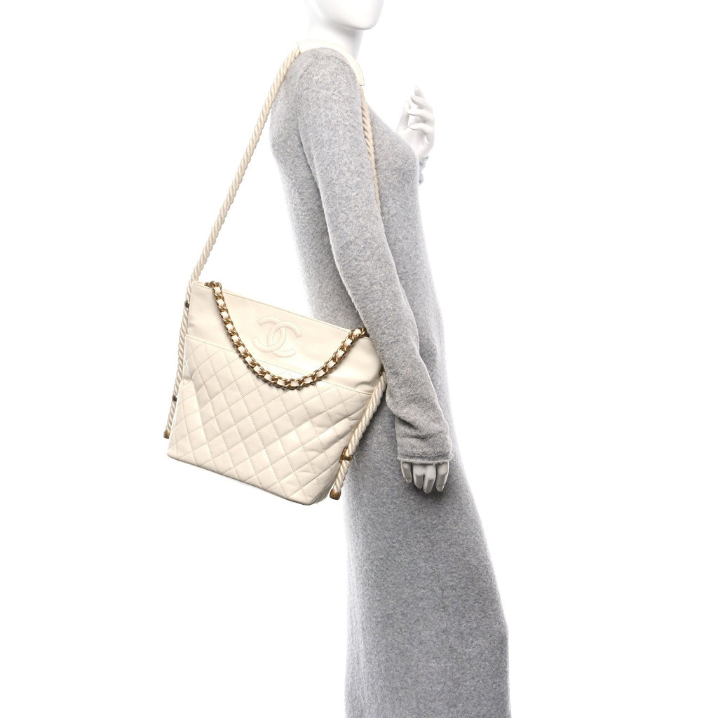 Crumpled Calfskin En Vogue Rope Hobo Bag White