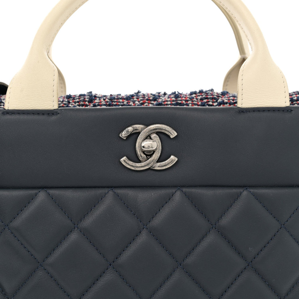 Calfskin Tweed Quilted Small Tote Navy Multicolor
