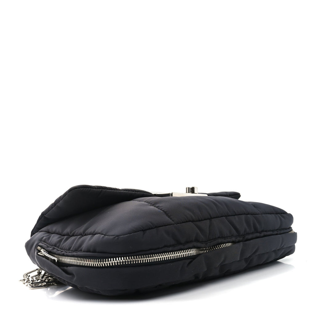 Tessuto Nylon Bomber Sound Chain Flap Shoulder Bag Black