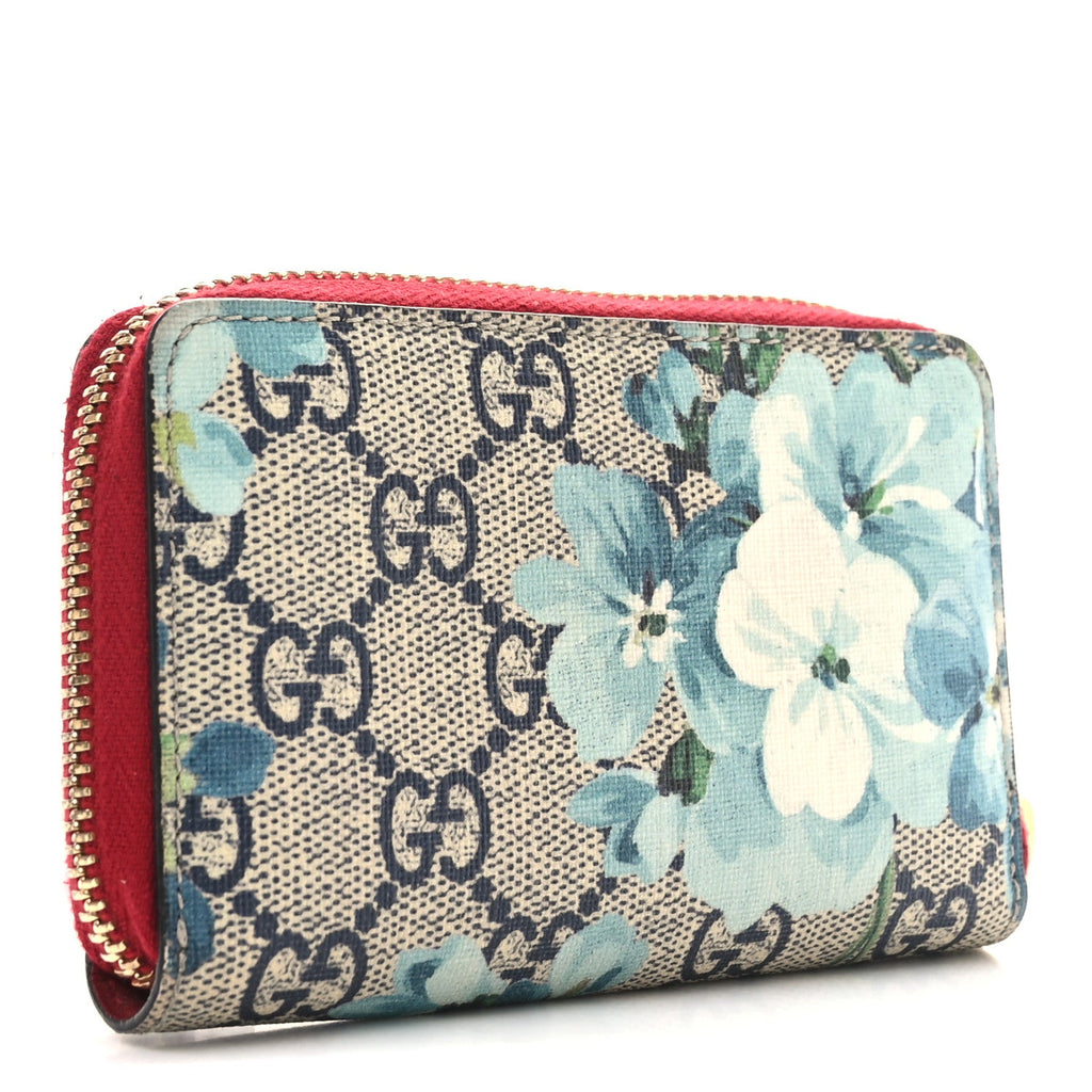 GG Supreme Monogram Blooms Zip Around  Case Wallet Beige Blue Navy Hibiscus Red
