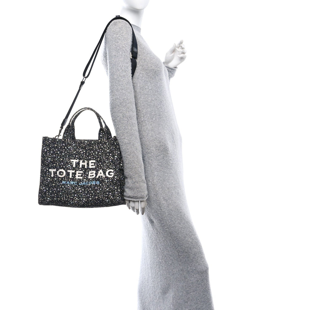 Cotton Canvas Floral Print Medium The Traveler Tote Bag Black