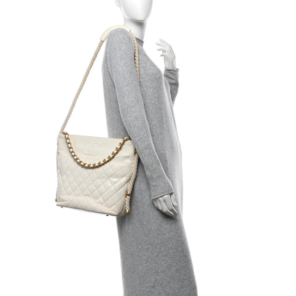 Crumpled Calfskin En Vogue Rope Hobo Bag White