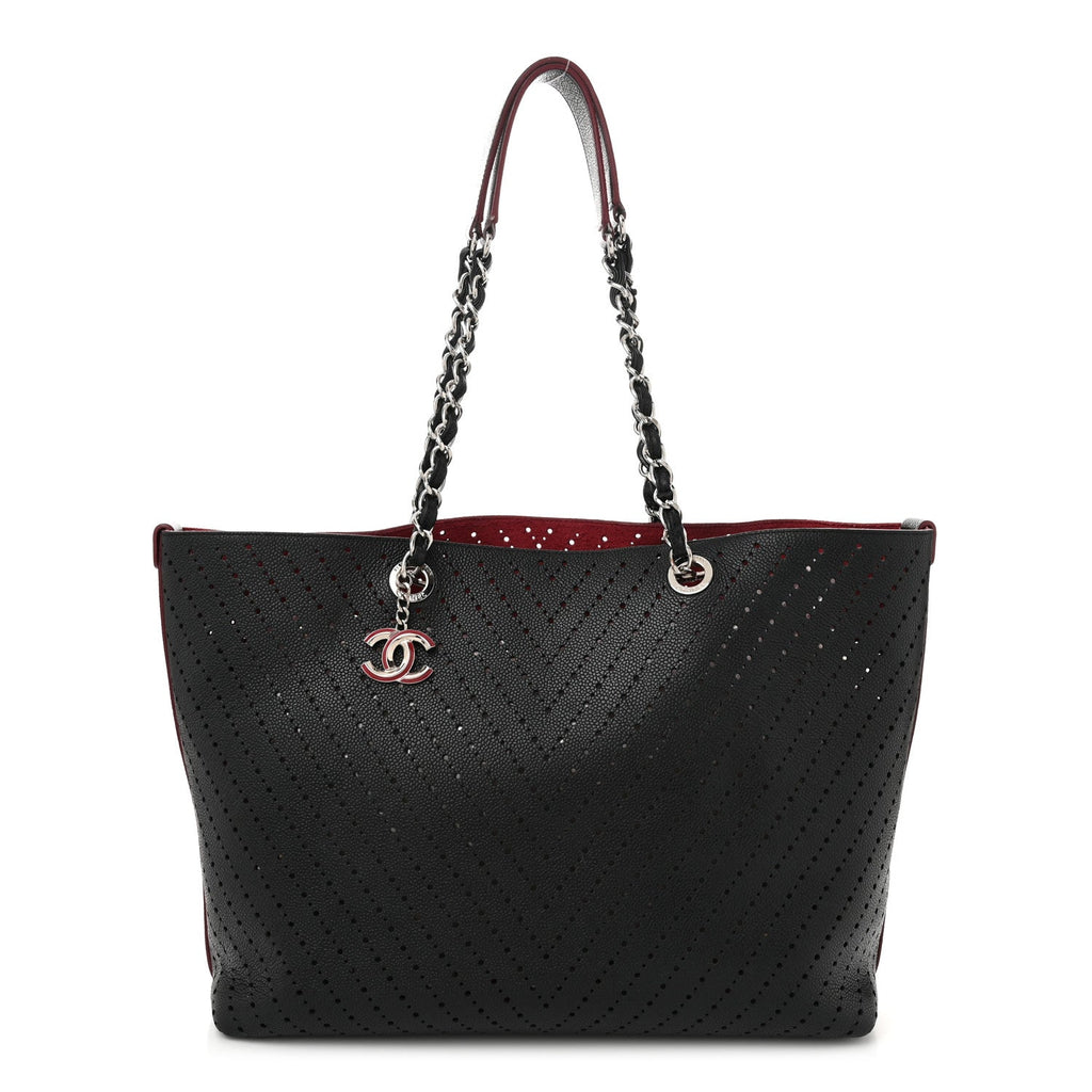 Perforated Grained Calfskin Large Shopping Tote Black