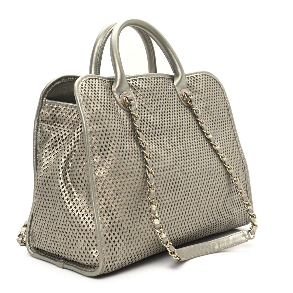 Metallic Calfskin Perforated Up In The Air Tote Silver