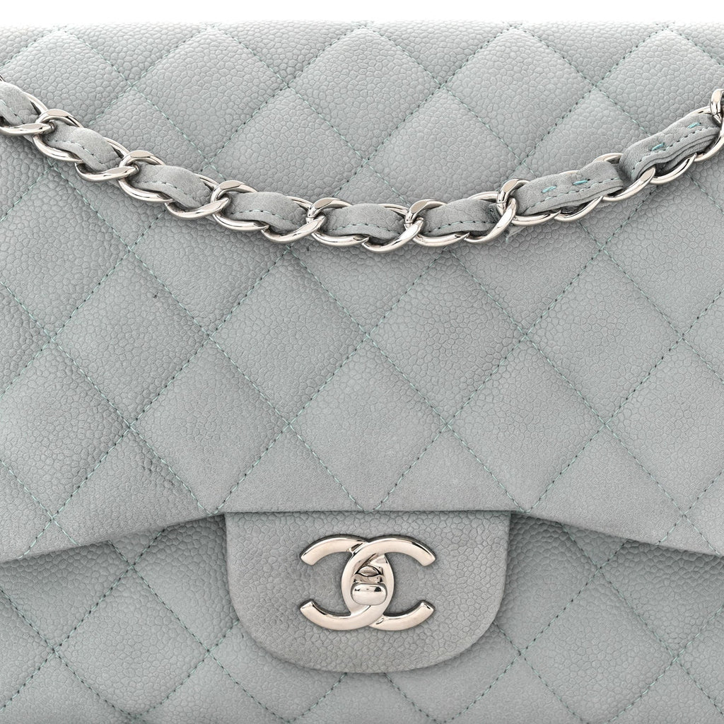 Iridescent Caviar Quilted Jumbo Double Flap Light Blue