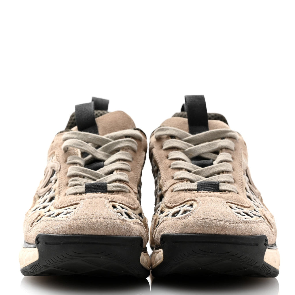 Suede Calfskin Embroidered CC Sneakers 36 Beige Black
