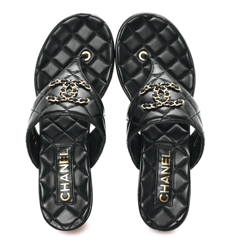 Shiny Goatskin Cork CC Wedge Sandals 39 Black